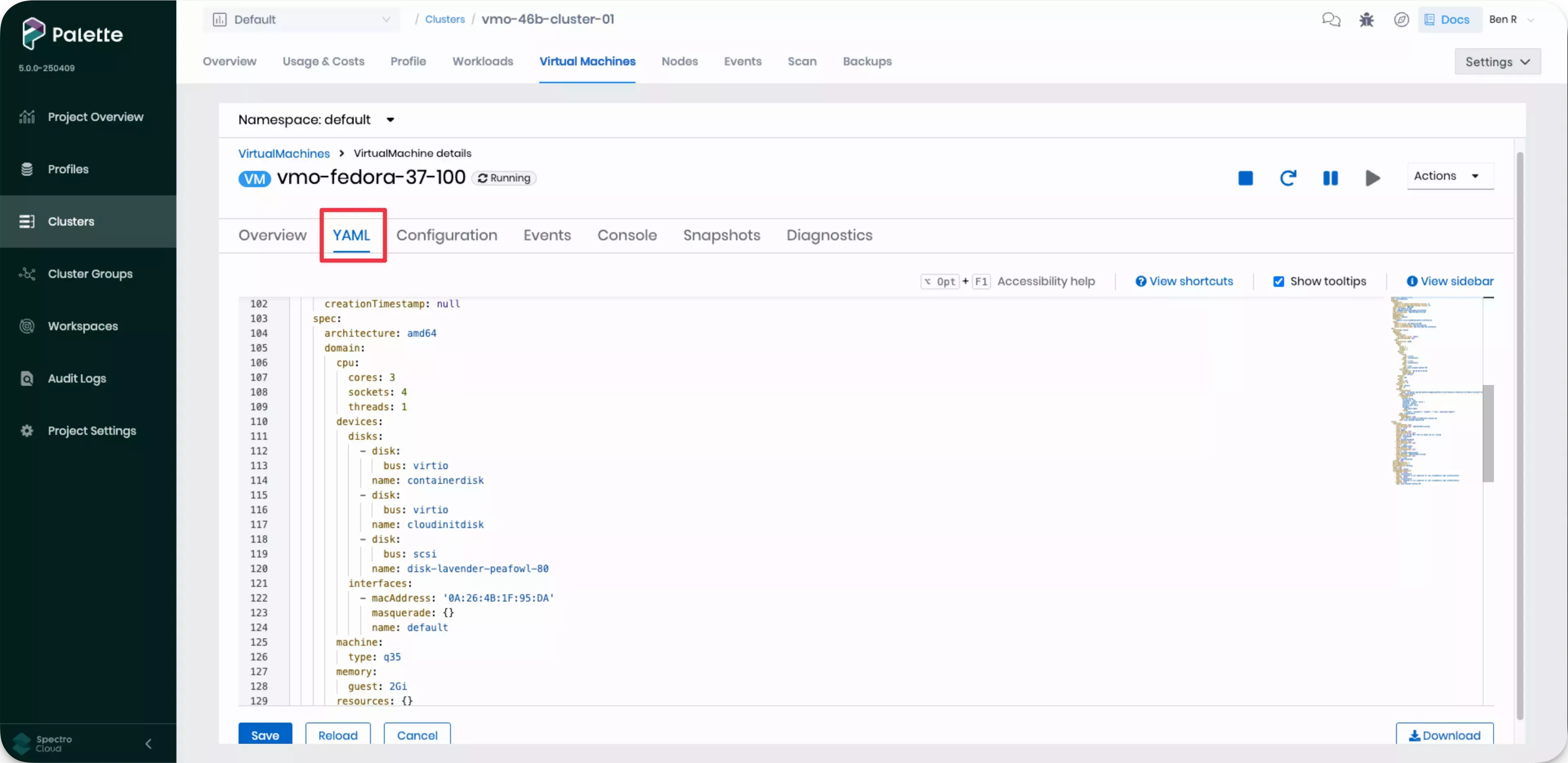 Palette with the VM YAML editor displayed.